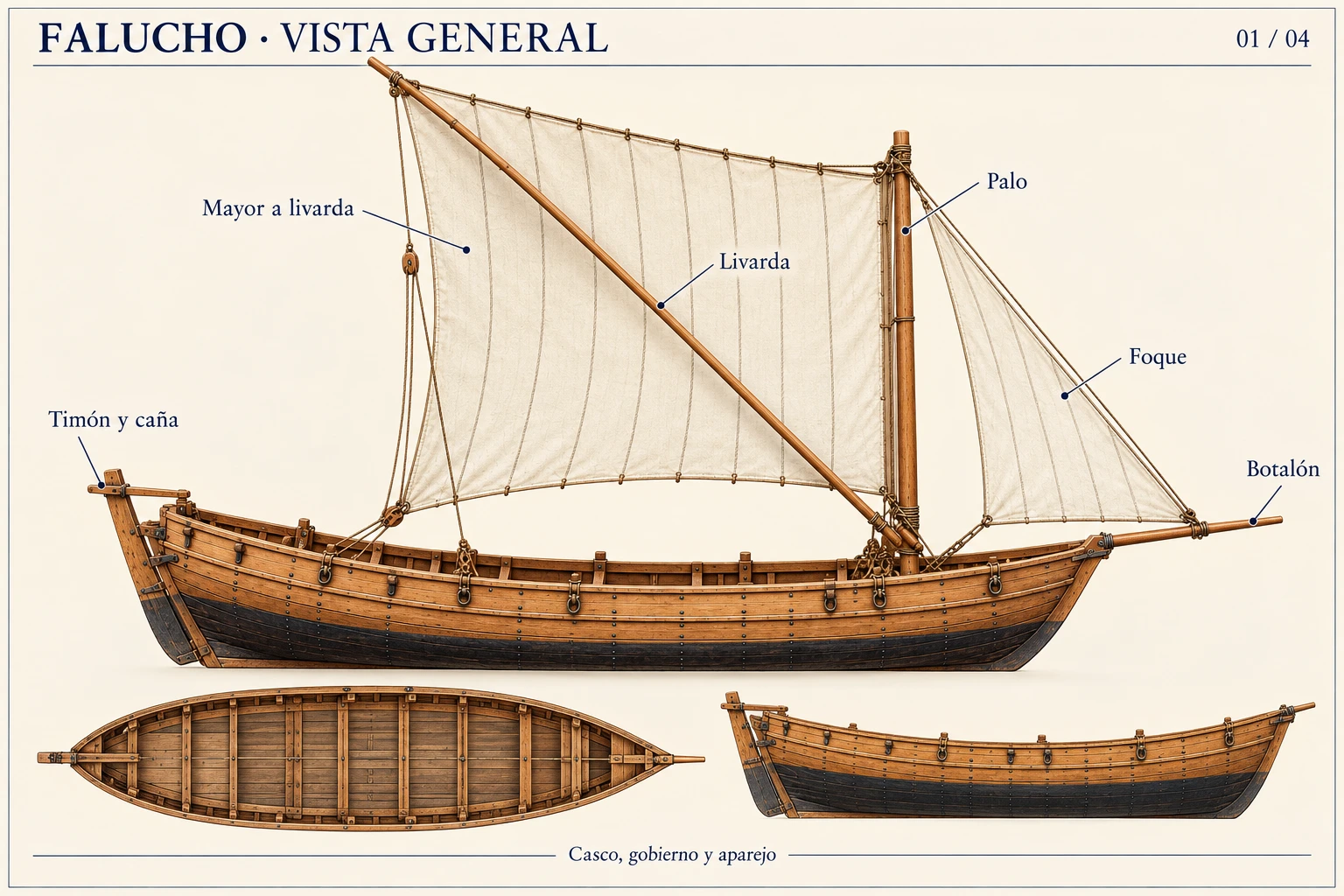 Lámina gráfica del falucho: vista general y nombres