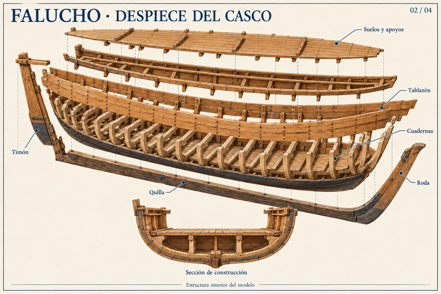 Lámina gráfica del falucho: despiece del casco