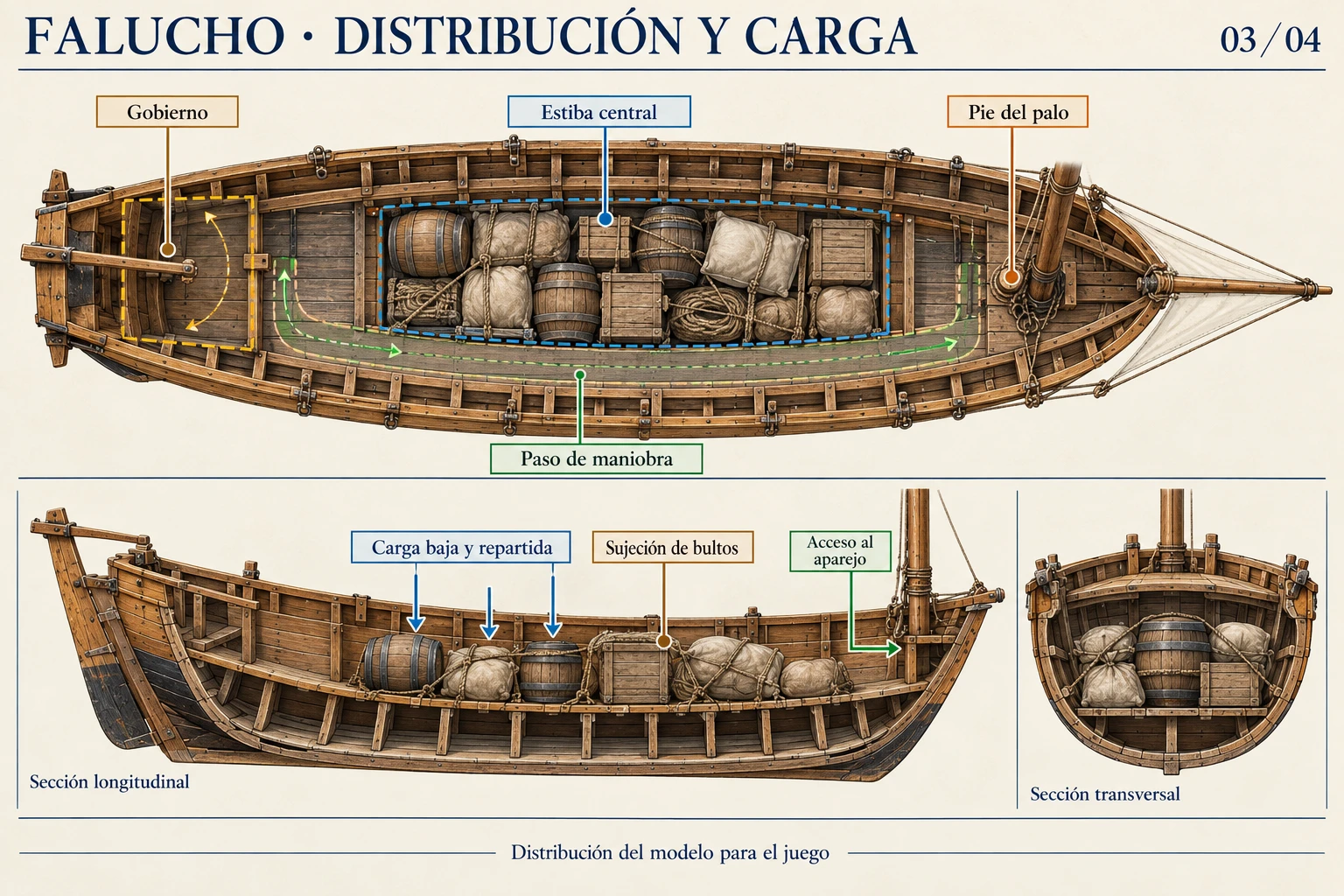 Lámina gráfica del falucho: distribución y carga